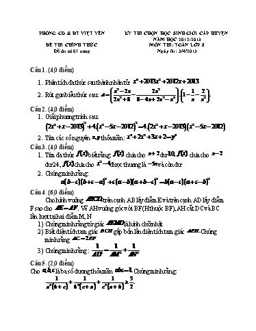Đề thi chọn học sinh giỏi cấp Huyện môn Toán Lớp 8 - Năm học 2012-2013 Phòng GD&ĐT Việt Yên (Có đáp án)