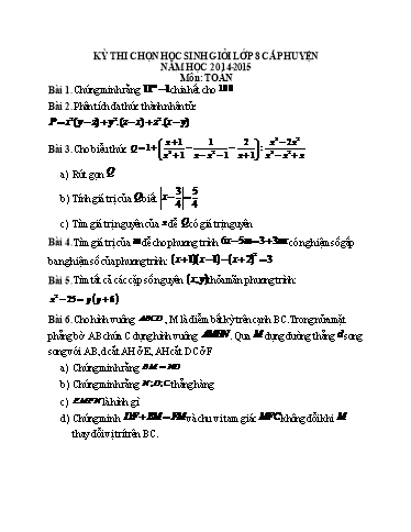 Đề thi chọn học sinh giỏi môn Toán cấp Huyện Lớp 8 - Năm học 2014-2015 (Có đáp án)