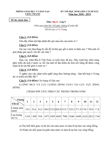 Đề thi học sinh Giỏi cấp Huyện môn Địa lí 9 - Năm học 2018-2019 - PGD&ĐT Châu Thành (Có đáp án)