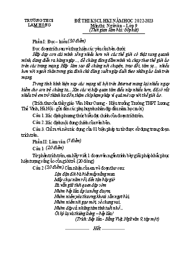 Đề thi khảo sát chất lượng học kì I môn Ngữ Văn 9 - Năm học 2022-2023 - Trường Trung học cơ sở Lam Hồng (Có đáp án)
