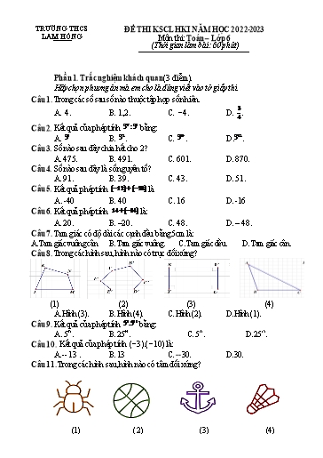 Đề thi khảo sát chất lượng học kỳ I môn Toán 6 - Năm học 2022-2023 - Trường Trung học cơ sở Lam Hồng (Có đáp án)