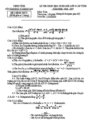 Đề thi khảo sát học sinh giỏi cấp Tỉnh môn Toán Lớp 8 - Năm học 2018-2019 (Có đáp án)