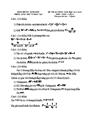 Đề thi Olympic môn Toán Lớp 8 - Năm học 2017-2018 - Phòng GD&ĐT - UBND huyện Kinh Môn (Có đáp án)