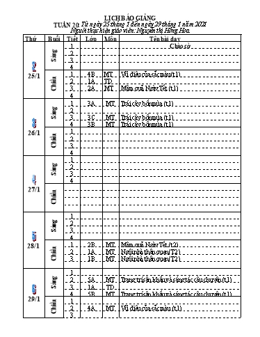 Giáo án môn Mĩ thuật + Thể dục Tiểu học - Tuần 20 - Năm học 2020-2021 - Nguyễn Thị Hồng Hoa