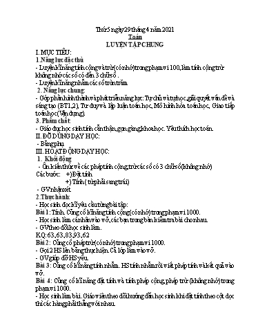 Giáo án môn Toán + Tiếng Việt Lớp 2 - Tuần 31 - Năm học 2020-2021