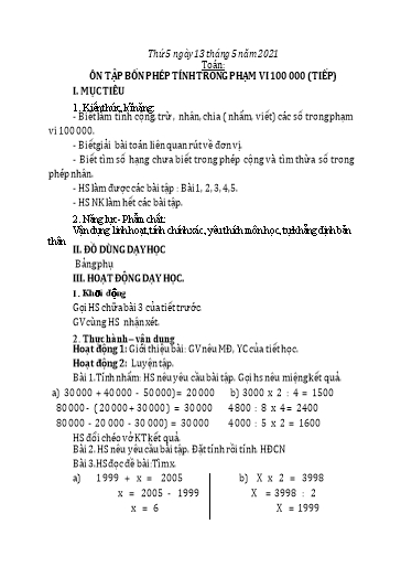 Giáo án môn Toán + Tiếng Việt Lớp 3 - Tuần 33 - Năm học 2020-2021