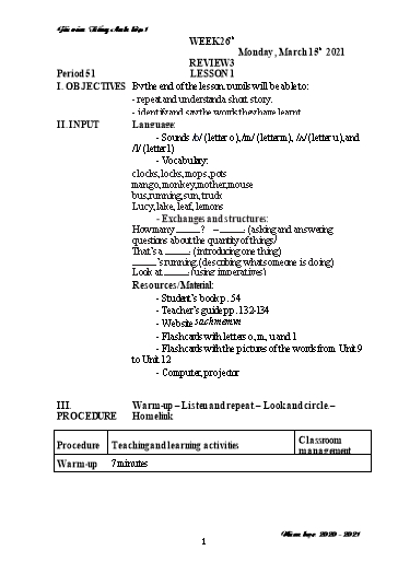 Giáo án Tiếng Anh 1 - Tuần 26 - Năm học 2021-2022