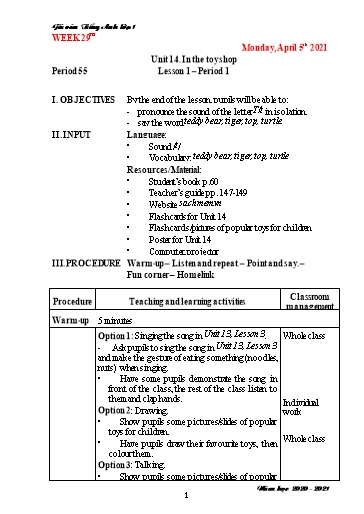 Giáo án Tiếng Anh 1 - Tuần 29 - Năm học 2021-2022