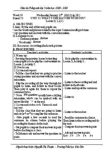 Giáo án Tiếng Anh Lớp 5 - Tuần 20 - Năm học 2020-2021 - Nguyễn Thị Thuận