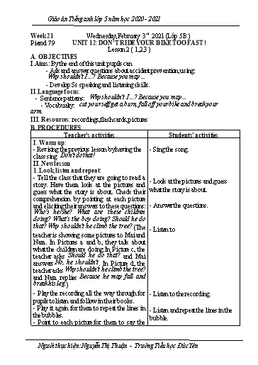 Giáo án Tiếng Anh Lớp 5 - Tuần 21 - Năm học 2020-2021 - Nguyễn Thị Thuận
