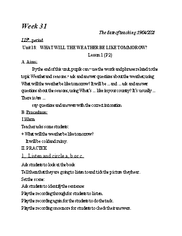 Giáo án Tiếng Anh Lớp 5 - Tuần 31, Preiod 119-122 - Năm học 2020-2021