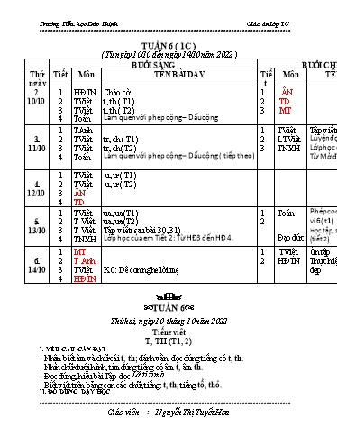 Kế hoạch bài dạy cac môn Lớp 1 - Tuần 6 - Năm học 2022-2023 - Nguyễn Thị Tuyết Hoa