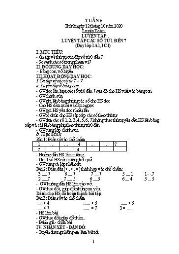 Kế hoạch bài dạy môn Toán 1 - Tuần 5: Luyện tập các số từ 1 đến 7 - Năm học 2020-2021