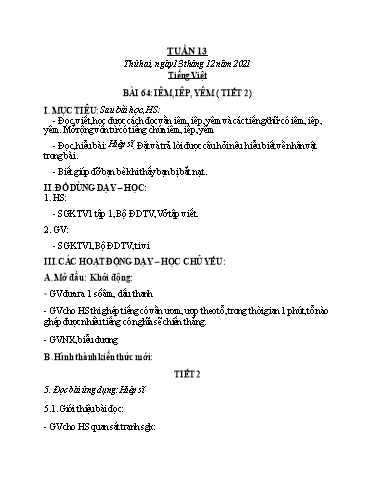 Kế hoạch bài dạy môn Toán + Tiếng Việt 1 - Tuần 13 - Năm học 2021-2022