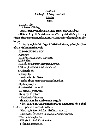 Kế hoạch bài dạy môn Toán + Tiếng Việt Lớp 3 - Tuần 34 - Năm học 2020-2021